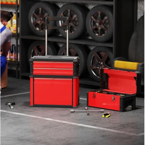 Carrello da officina su ruote, 3 moduli impilabili, 52 x 32 x 72 cm, rosso HAVRYA (1/5)