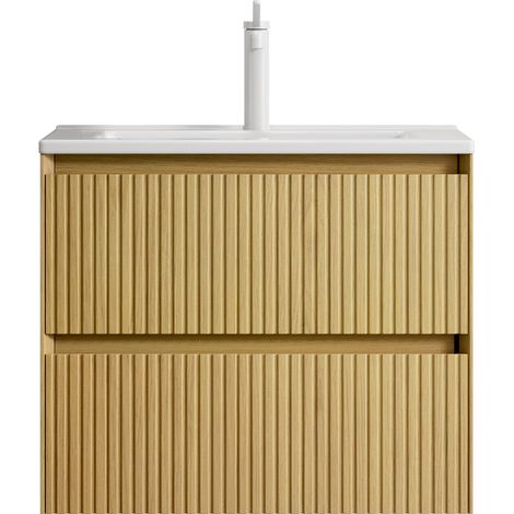 Hängendes Badmöbel 61 cm mit weißem Keramikwaschbecken und 2 Schubladen (1/4)
