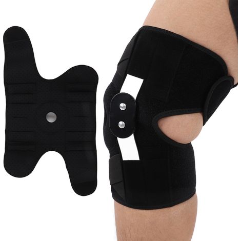 Bewegliche Knieorthese mit Riemen und seitlichen Patellastabilisatoren. Verstellbare Kniepolster zur Linderung sportbedingter Schmerzen. (1/5)