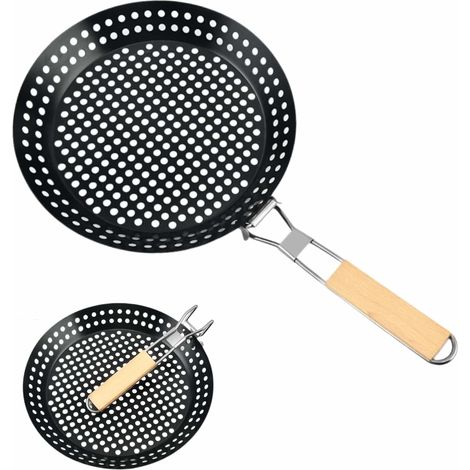 Griglia pieghevole per barbecue con fori, padella antiaderente da 30 cm con manico pieghevole in legno, utensili da campeggio - spiedini - griglia per barbecue all'aperto, tostapane (1/5)