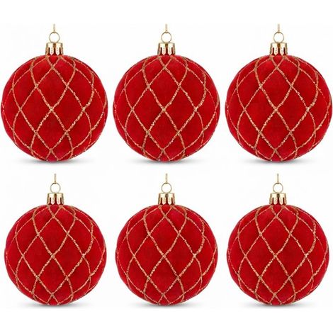 6 Palline per Albero di Natale 8 cm Velluto ROSSO con Decorazioni oro Palla sfera natalizia' addobbi rossi ghirlande Eleganti e particolari arredo casa e locali commerciali (1/5)