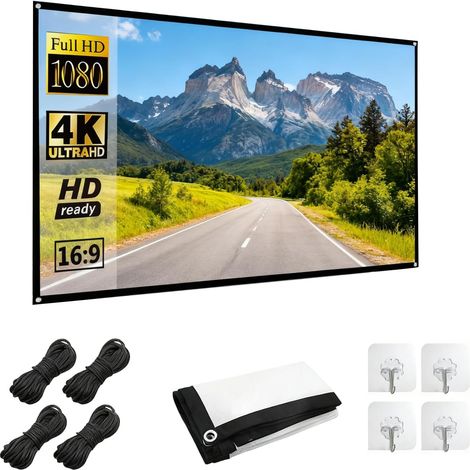 Vidéoprojecteur sur toile pliable portable 16:9 HD 4K projection suspendue et double face opaque et infroissable facile à transporter Pour home cinéma, extérieur, camping, maison, bureau, école (1/5)
