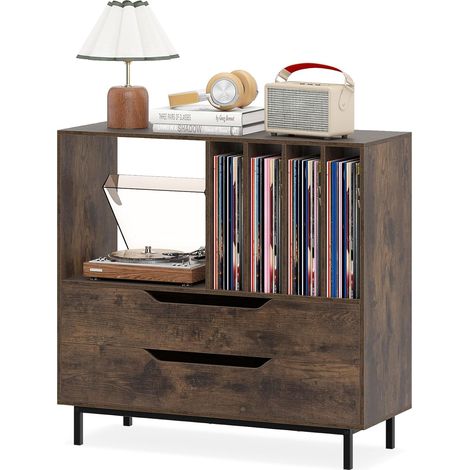 COSTWAY Supporto per Giradischi, Porta Dischi Vinile con 4 Ripiani per Vinili e 2 Cassetti, Armadio per Dischi Fino a 250 Album, per Soggiorno, Studio e Camera da Letto, 91 x 35 x 87 cm (Marrone) (1/5)
