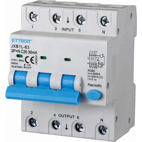 ETTROIT Differenzialer magnetischer Thermoschalter 3P+N 20A 30mA 380V-6KA 4 Module JX262061