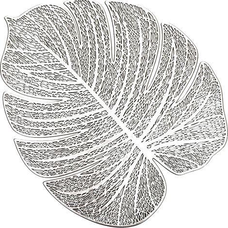 Lot de 6 sets de table en plastique antidérapant à motif de feuilles ajourées, lavables et décoratifs (argentés). (1/4)