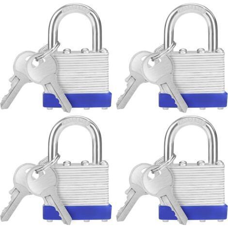 Cadenas Clé en Acier Laminé Robuste avec 2 Clés (Lot de 4) - Anse de 6 mm - 6,4 x 4,2 x 2,4 cm - Cadenas Exterieur/Intérieur Résistant aux Intempéries pour Garages et Casiers (1/5)