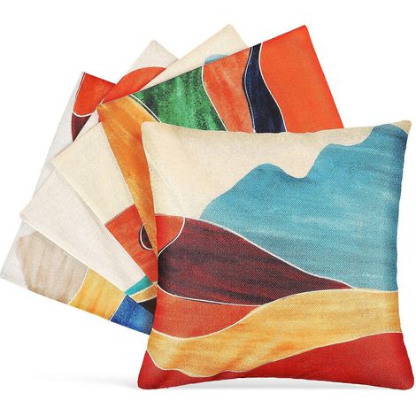 Lot de 4 housses de coussin décoratives en lin, motif paysage abstrait ensoleillé.