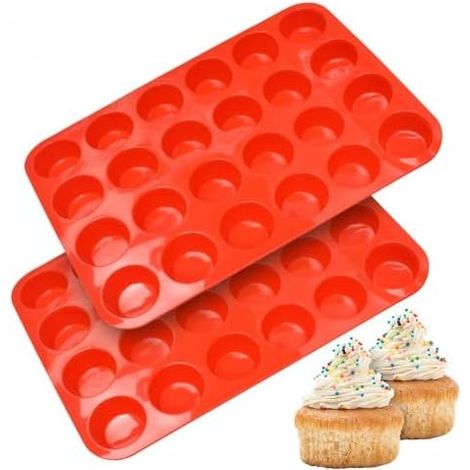 Lot de 2 Mini Moules à Muffins en Silicone, Moules à Cupcakes et Muffins Antiadhésifs 24 Cavités, Moule Silicone Patisserie Réutilisables, Passe au Lave-Vaisselle, 32×22,5×2,5 cm (Rouge),Parent,Rouge (1/5)