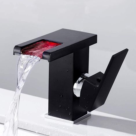 JSSEVN - LED Bathroom Faucet - Waterfall Faucet - With 3 RGB Color Changing Colors - Luminous Glass - For Bathroom - Black (1/5)