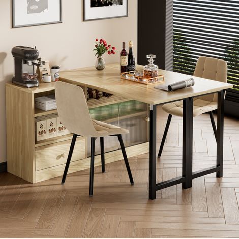 Table à manger pliante extensible en MDF et métal, bois naturel et noir, avec rangement intégré (1/5)