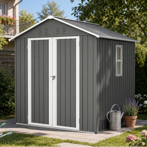 MODFU – Casetta da giardino in metallo 184,8x182x191,1 cm con finestra, aerazioni, serratura, tetto inclinato e anti-ruggine – Grigio (1/5)