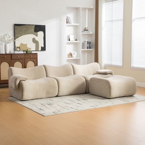 Sofá modular de compresión de tela chenille, relleno de espuma altamente elástica 30D. Fácil de mover y con base antideslizante, ideal para salas de estar y otros espacios. KHAKI CLARO (1/5)