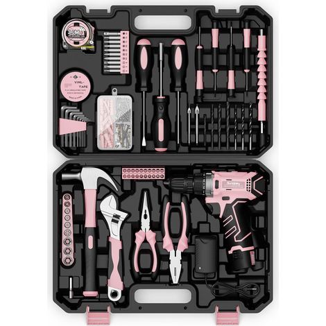 Caisse a Outil 206 Pcs, Visseuse Devisseuse Sans Fil 12V pour Serrer/Desserrer des vis, Malette Outils avec Perceuse-Visseuse pour Bureau, Réparation à Domicile avec Tournevis et Pinces Rose (1/5)