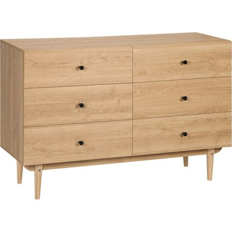 Commode Chambre L 120 cm 6 tiroirs en Bois, Meuble de Rangement pour vêtements Design Naturel, tiroirs spacieux poignées Noires Style Moderne Robuste (1/5)