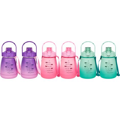 Lot de 6 bouteilles Motivation 1,2 L avec sangle - 3 couleurs assorties : rose, bleu et violet - Livraison gratuite (1/5)
