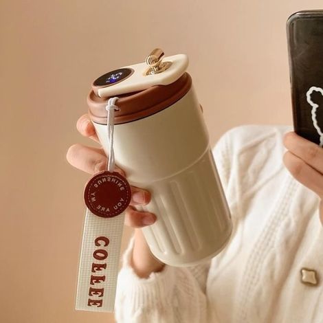 (Weiß-Rot, Weiß-Kaffee, Weiß-Blau, Silber-Kaffee) 410 ml Smart-Kaffee-Thermosbecher – Edelstahl – Temperaturanzeige – Auslaufsicher (1/4)