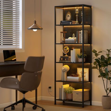 Bücherregal mit 5 Ebenen Standregal mit LED-Beleuchtung, 7 Lichtfarben, für Wohnzimmer, 60 x 30 x 179 cm Schwarz