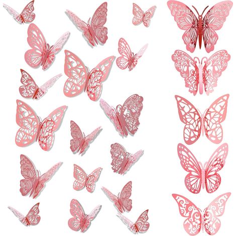 60 papillons 3D or rose autocollants, 3 tailles et 5 styles, décoration chambre bébé fille, mariage ou nursery