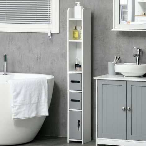 Meuble colonne de salle de bain armoire toilette haute avec étagères et placards - 15 x 17 x 120 cm gris