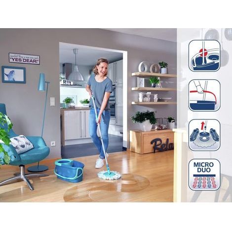 Disc Mop Ergo Kit complet balai, serpillière et seau essoreur, ensemble balai serpillère en microfibre avec manche télescopique, essorage sans effort (1/4)