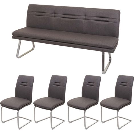 Esszimmer-Set HHG-930, Esszimmergruppe Sitzgruppe Esszimmergarnitur, Stoff/Textil Edelstahl gebürstet grau-braun 180cm