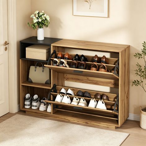 Meuble à chaussures 120 x 32 x 84,5 cm en MDF, avec 3 compartiments ouverts et 2 compartiments abattants, double meuble, charge maximale 50 kg, meuble d'entrée, buffet, coloris bois naturel et noir (1/4)