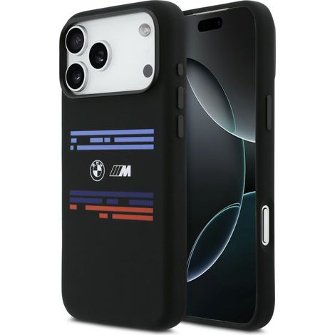 Coque BMW M en silicone à lignes horizontales MagSafe pour iPhone 17 Pro Max, noire (1/5)