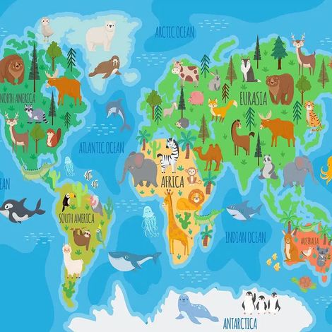 papier peint panoramique carte du monde pour enfants bleu et vert - Sanders & Sanders (1/5)