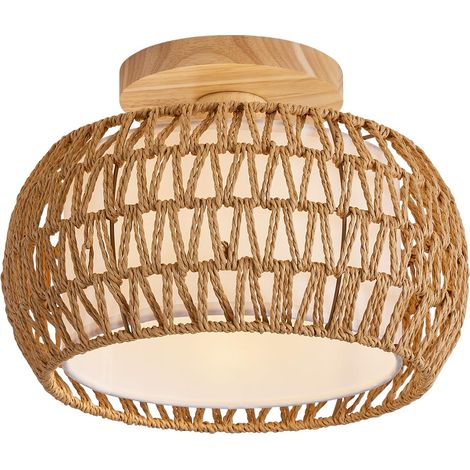 Plafonnier Rotin Bohème Tressé Main E27, Suspension Naturelle Sans Ampoule, Luminaire Décoratif pour Chambre, Entrée et Couloir (1/5)