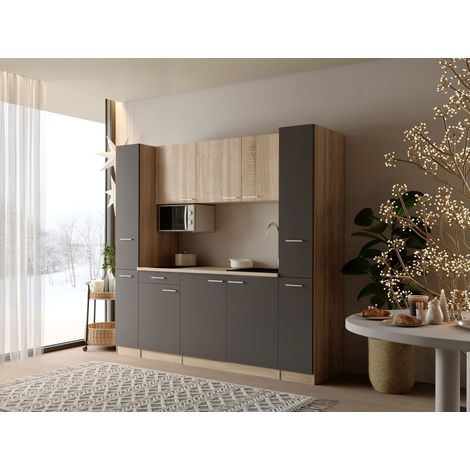 Küche Küchenzeile Singleküche Eiche Grau Ingrid 210 cm ohne Kühlschrank Respekta