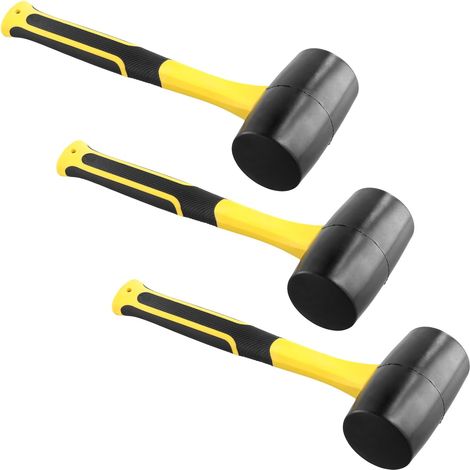 Lot de 3 marteaux en caoutchouc de 473,6 g, maillets robustes en caoutchouc solide avec trou de préhension pour revêtements de sol, menuiserie, travaux automobiles, jaune et noir (1/5)