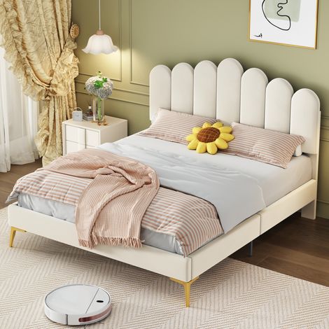 Cama doble 140x200 cm para adulto, cabecero regulable beige, estructura de madera FloraGrace (1/5)