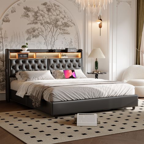Lit Coffre 180x200cm avec Rangement et éclairage LED, Lit capitonné avec Sommier à Lattes, Lit Double avec USB et Type-C, Lit 2 Personnes, PU, Noir (1/5)