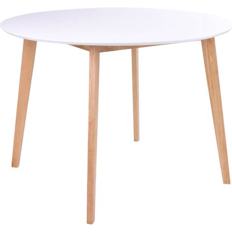 Altobuy – Table repas ronde 105cm en hévéa massif et MDF – Finition naturelle et blanche – Ø105 x H75 cm – Pour petits espaces (1/5)