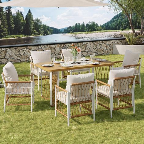Salon de jardin 6 places, Ensemble table et chaises pour repas en extérieur terrasse, avec coussins de siège, Beige et Marron (1/5)