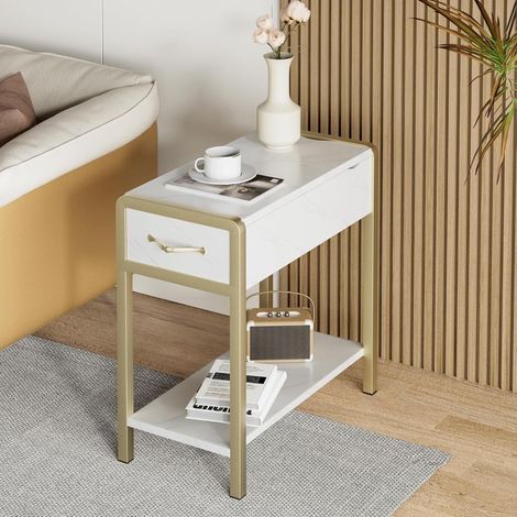 Beistelltisch mit Schublade und Ablage, schmaler Nachttisch Kaffeetisch für Wohnzimmer Schlafzimmer Vintage, Gold (1/5)