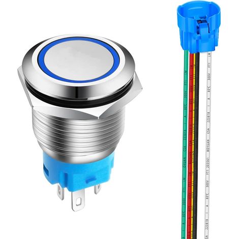 19mm Bouton Poussoir Momentané en Acier Inoxydable, Anneau de Lumière LED, 12V-24V 5A 1NO1NC SPDT ON Off Bouton Étanche avec Fiche à Douille (LED Bleue) (1/5)