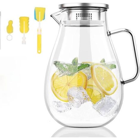 1 carafe en verre, 1800 ml, design ergonomique avec couvercle étanche et brosse de nettoyage incluse, pour thé, eau, vin, jus et lait (1/4)