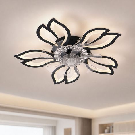 Ventilateur de plafond invisible design pétales, 65cm noir, 6 vitesses réversibles, lumière LED dimmable 3000K-6500K, télécommande (1/5)