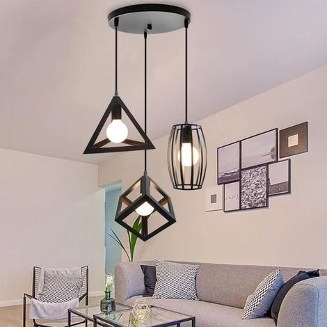 U-do 3 Têtes Lustre Suspension Industrielle Rétro - géométrique - Noir (1/4)