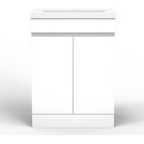 Acezanble Bathroom Vanity Unit with Resin Basin 600mm Freestanding Base Cabinet Storage Gloss White (1/5)