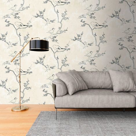 Fotomural Profhome 398841 papel pintado vinílico estampado en caliente tejido non tejido liso con dibujo de pájaros mate crema negro 1,59 m x 2,8 m