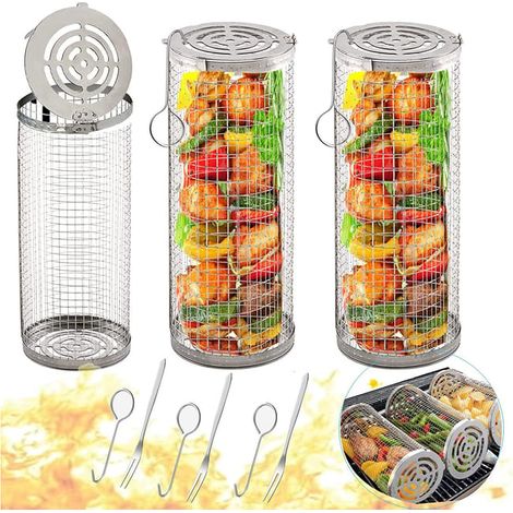 Cestino per griglia rotante - Griglia per barbecue in acciaio inox per verdure, pesce e patatine, griglia rotonda in acciaio inox (L, set da 3) (1/5)