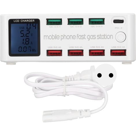 Station de charge USB 8 ports 100W avec écran LCD, chargeur multiport USB-C pour smartphones et tablettes, prise EU 100‑240V, modèle WLX 818D (1/5)