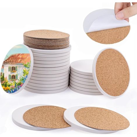 Lot de 24 sous-verres en céramique, surface blanche absorbante, dos en liège antidérapant, pour peinture et résine, usage maison (1/5)