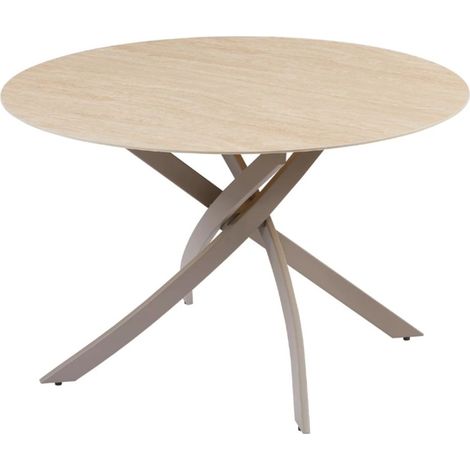 Mesa de comedor redonda ARAVIS 120 cm – Cerámica beige efecto piedra y pie de diseño marrón (1/5)