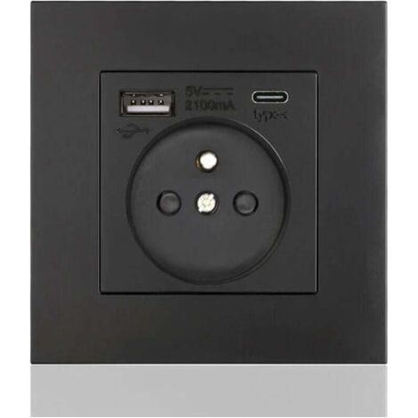 Panneau de prises Type C + USB16A Type 86, Nombre de prises : 2 trous, Nombre de ports USB : 1, Nombre de ports Type C : 1, Sûr et stable (carré noir)