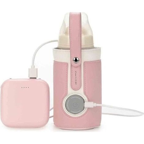 Tragbare Babyflaschenwärmertasche aus Leder mit USB-Anschluss, 3 einstellbaren Temperaturstufen und Thermostat für zu Hause oder im Auto – Rosa (1/4)