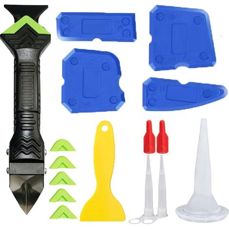6-in-1 Fugenwerkzeug-Set, Silikonentferner und Glätter für Glasfugen, Multifunktionales Werkzeug mit gelbem Schaber und Düsen für Strukturkleber (Blau)-lsw
