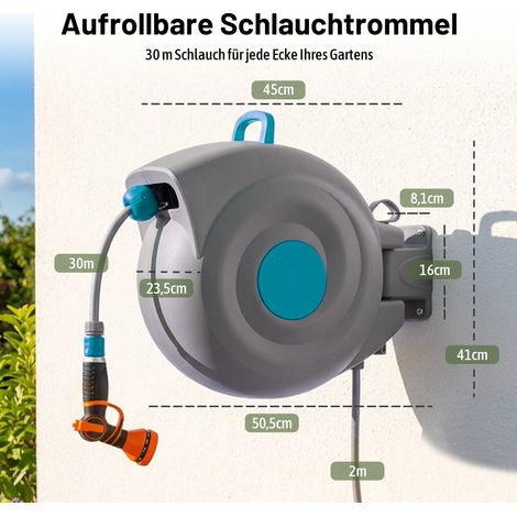 Enrouleur automatique tuyau arrosage 30m fixation murale, pistolet 9 jets, pivot 180°, anti-UV antigel, kit fixation complet (1/5)